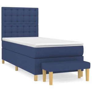Blaues vidaXL Boxspringbett 90x190 cm mit Matratze, Kopfteil und Bank.