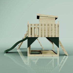 PolarPlay Spielturm Freja mit Schaukel und Rutsche. Holzspielturm mit Kletterwand und Sandkasten.
