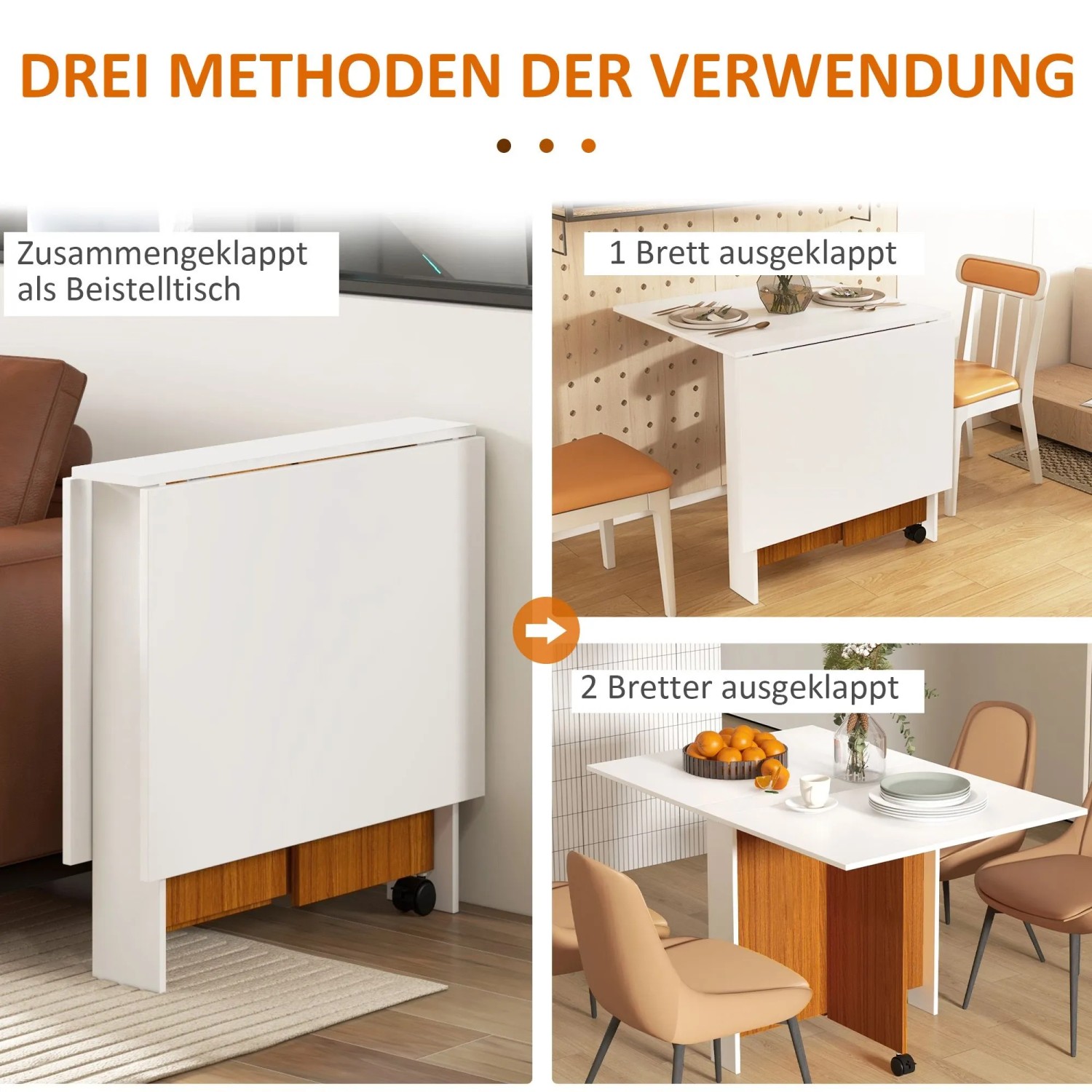HOMCOM Klapptisch Esstisch mit Klappbarer Arbeitsplatte Rollen Weiß_4