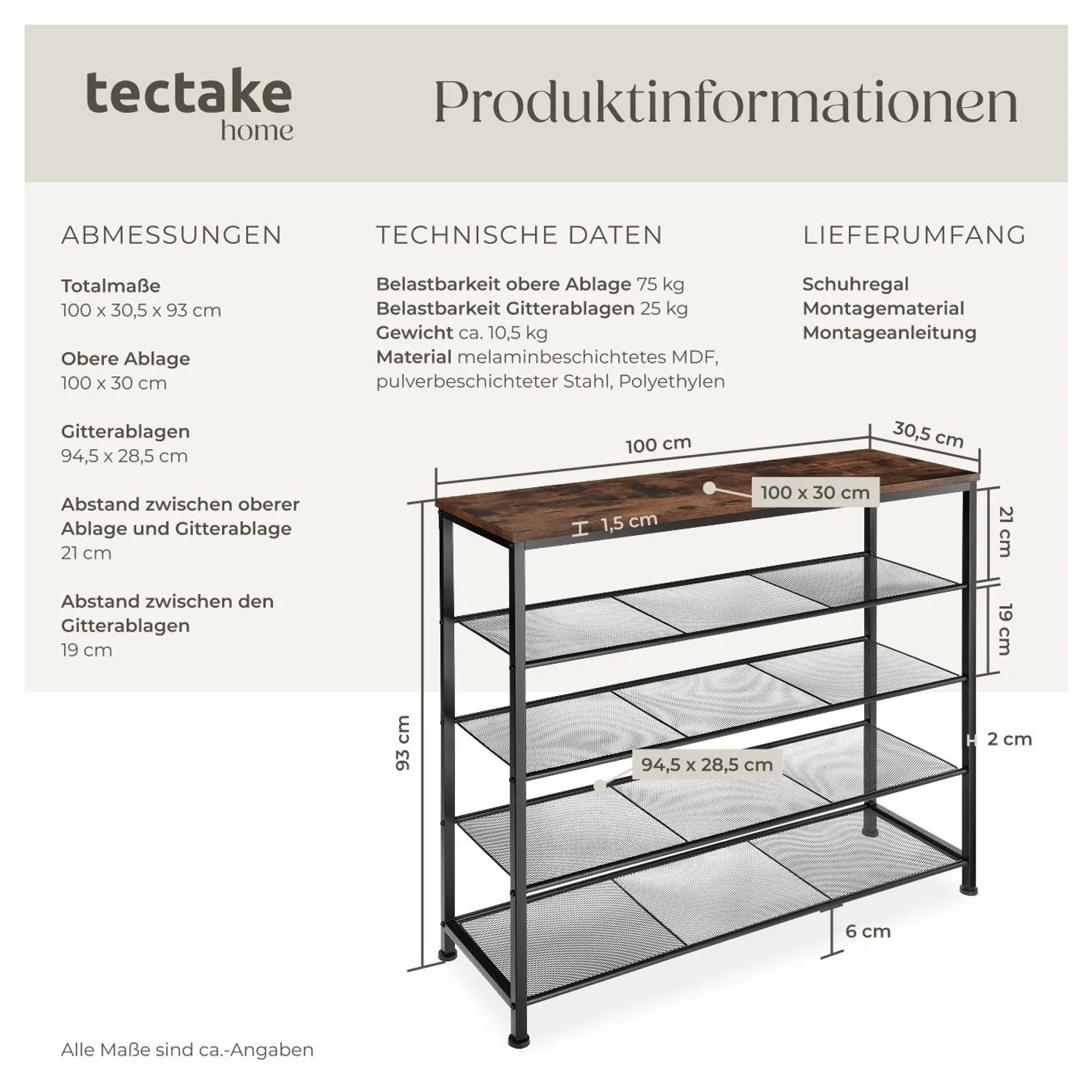 Tectake Schuhregal Sheffield Industrial Style Holz und Stahl  100 x 30 50 x 93 cm Industrial Holz Dunkel  Rustikal_6