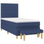 Blaues Boxspringbett (90x200 cm) mit Matratze, Kopfteil und Bank. Stoffbezug.