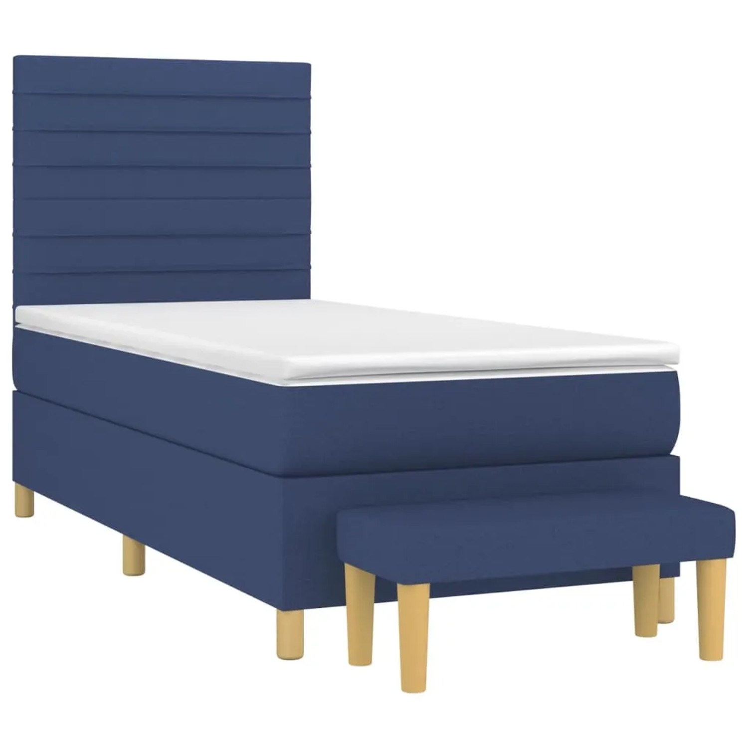 Blaues Boxspringbett (90x200 cm) mit Matratze, Kopfteil und Bank. Stoffbezug.