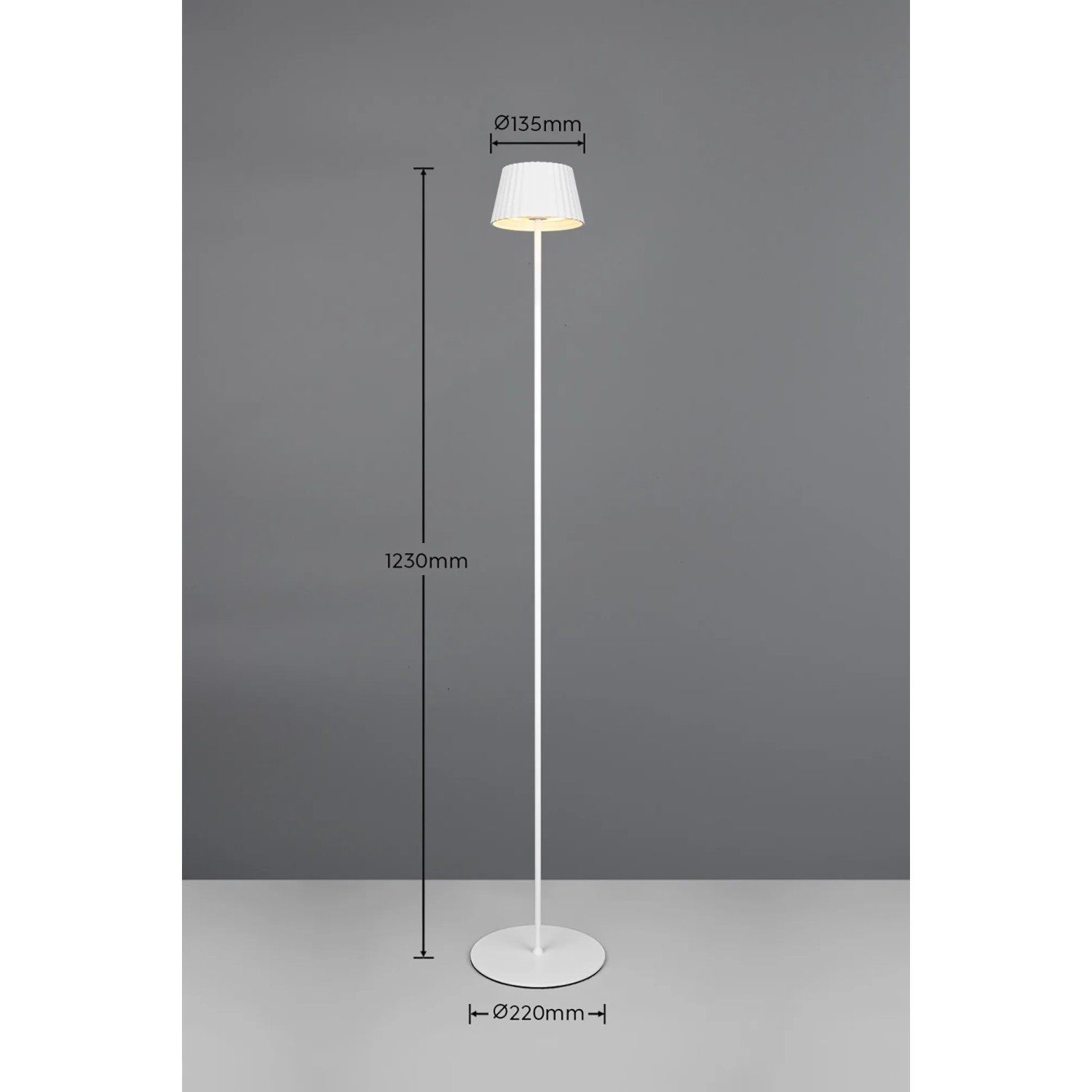 Weiße Reality LED Stehleuchte Suarez, dimmbar, Akku-betrieb, für Innen- und Außenbereich, 123 cm hoch.