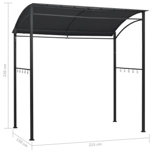 Anthrazitfarbener BBQ-Pavillon (215x150x220 cm) aus Stahl mit Haken für Grillzubehör.