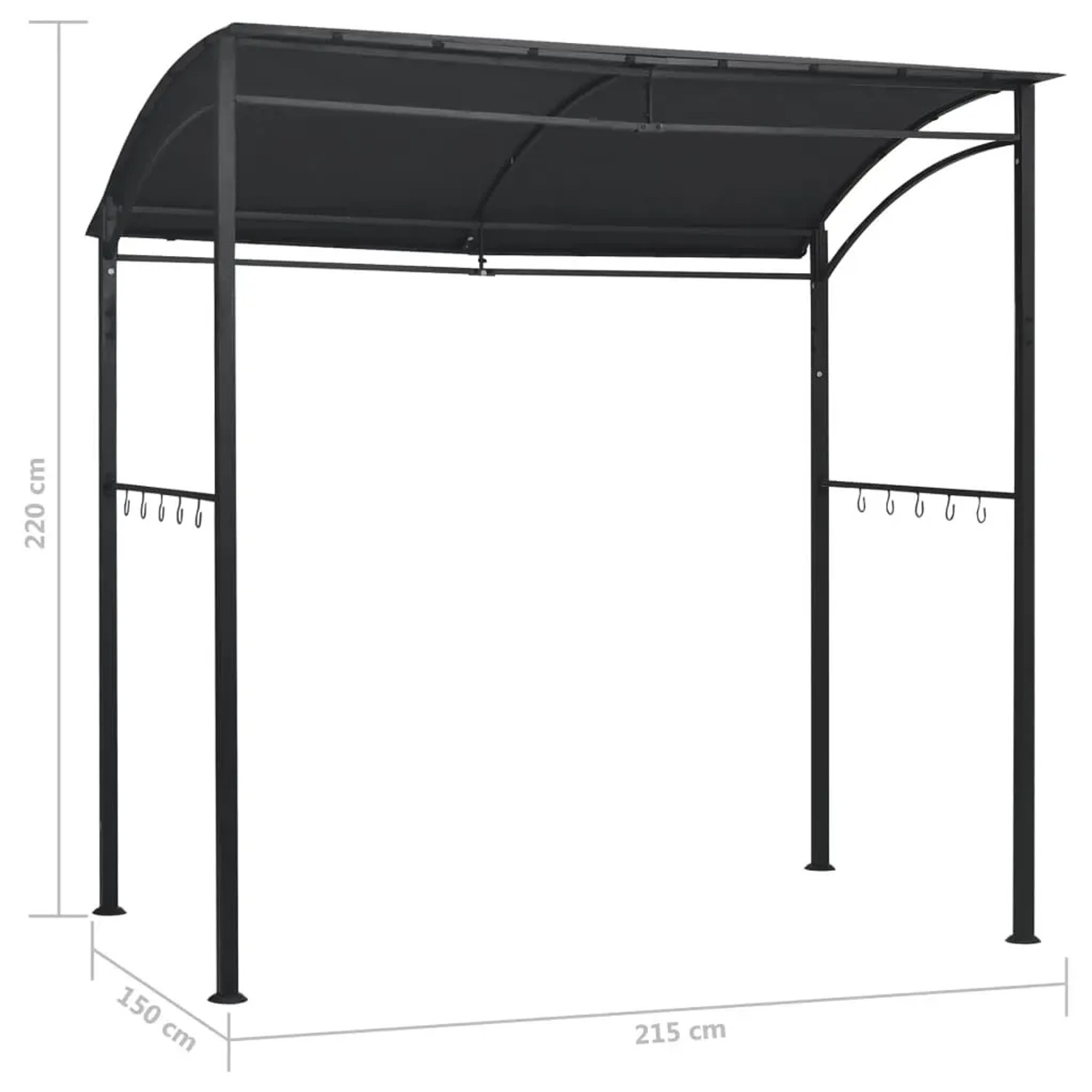Anthrazitfarbener BBQ-Pavillon (215x150x220 cm) aus Stahl mit Haken für Grillzubehör.