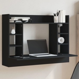 Schwarzer vidaXL Wand-Schreibtisch (105x48x75 cm) aus Holzwerkstoff mit Fächern und Regalböden.