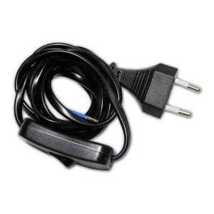 Schwarzes Anschlusskabel 2x0,75mm² mit Eurostecker, Zwischenschalter und abisoliertem Ende. Ideal für Kabel & Leitungen.