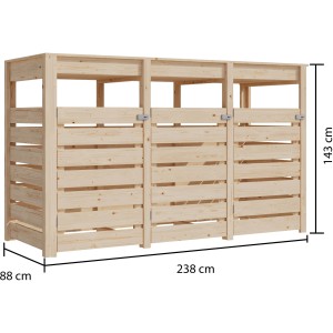 Karibu Mülltonnenbox 3-fach mit Hochbeet, naturbelassen, aus Holz, Maße: 143x238x88cm