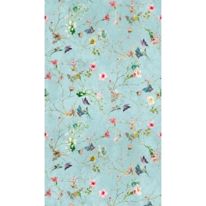 Fototapete mit Blumen und Schmetterlingen in Türkis, Rosa, Grün und Blau.