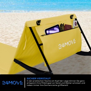 Gelbe 24MOVE Strandmatte mit Rückenlehne, klappbar, mit Tasche und Gurt auf Sandstrand.