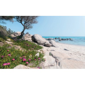 Vlies Fototapete Mediterrane Träume: Küstenlandschaft mit Felsen, Strand und Meer.