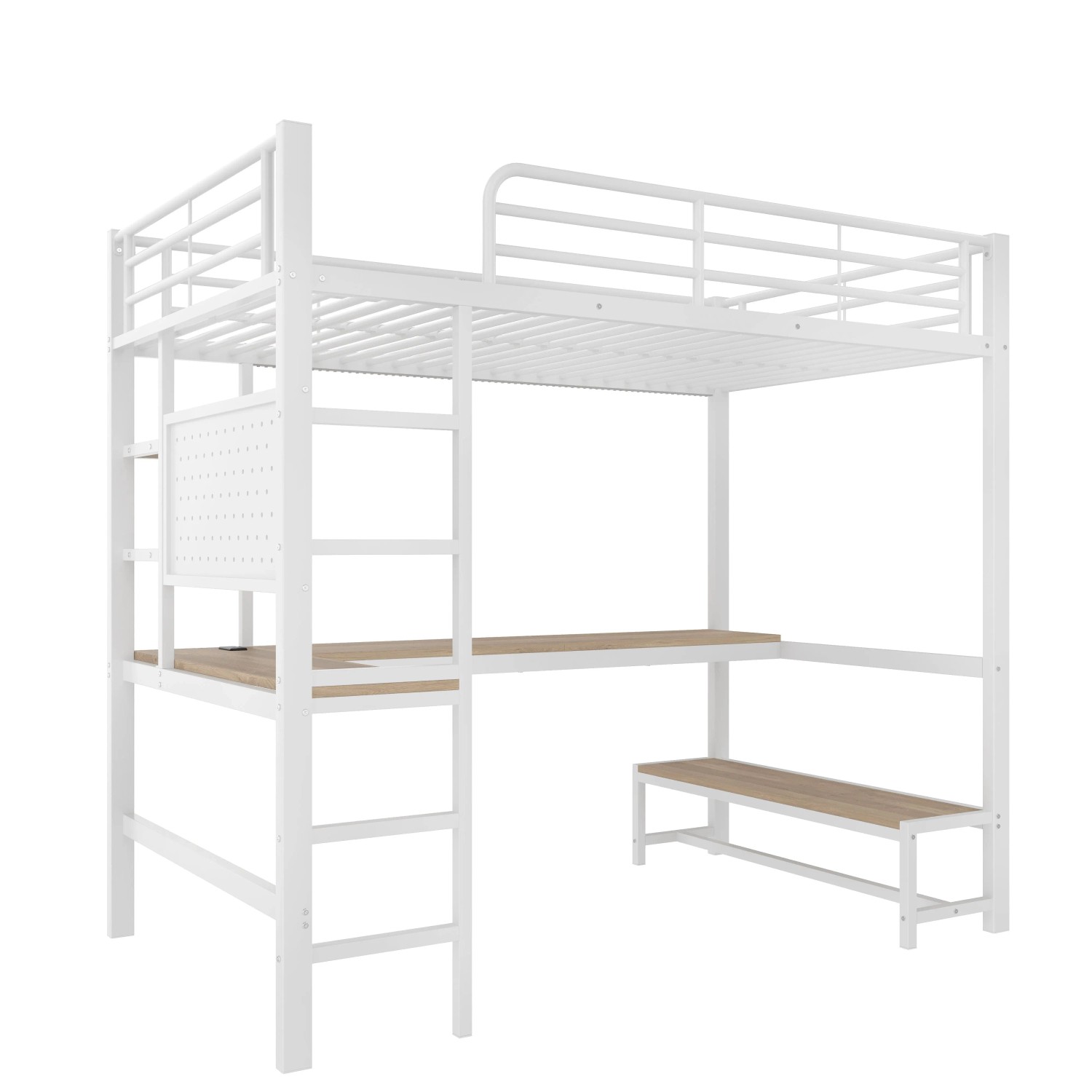 okwish Hochbett 90x200cm mit Schreibtisch und LED Leiste Weiß ohne Matratze