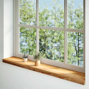 Helle Fensterbank aus Eiche (2 Stk.) im modernen Ambiente mit Pflanzen dekoriert.