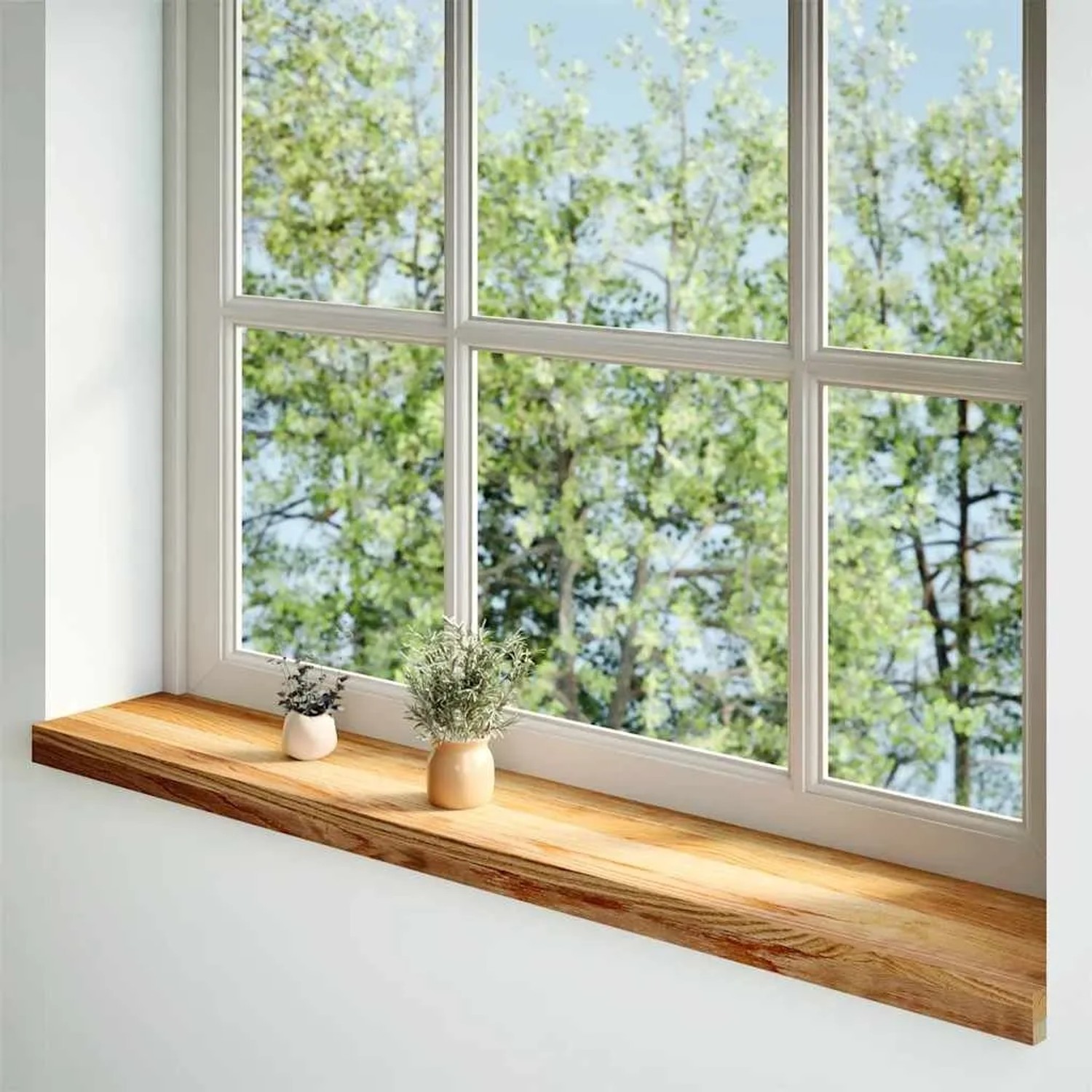Helle Fensterbank aus Eiche (2 Stk.) im modernen Ambiente mit Pflanzen dekoriert.