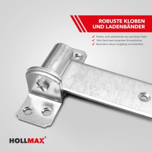 Detailaufnahme: Feuerverzinkter, silberner Kloben des Hollmax Beschlagsets für Gartentore.