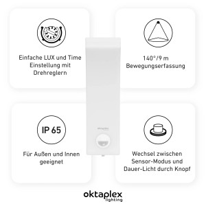 Weiße Oktaplex Pablo LED Außenlampe mit Bewegungsmelder und 3 Lichtstufen. Ideal für den Außenbereich.