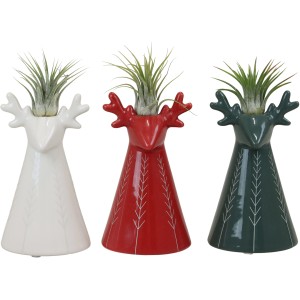 Tillandsien-Arrangement im Rentier Keramik-Gefäß in Weiß, Rot und Grün.