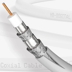 Weisses hb-digital SAT Kabel im Querschnitt, zeigt Kupferleiter, Isolation und 4-fache Schirmung. Audio & Video.