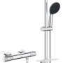 Grohe Brausegarnitur Precision Feel mit Thermostat und Handbrause an Duschstange mit Ablage.