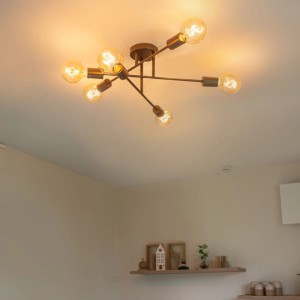 Industrielle Deckenleuchte Sydney, 6-flammig, dunkelbronze. Lampe mit Glühbirnen im Wohnraum.