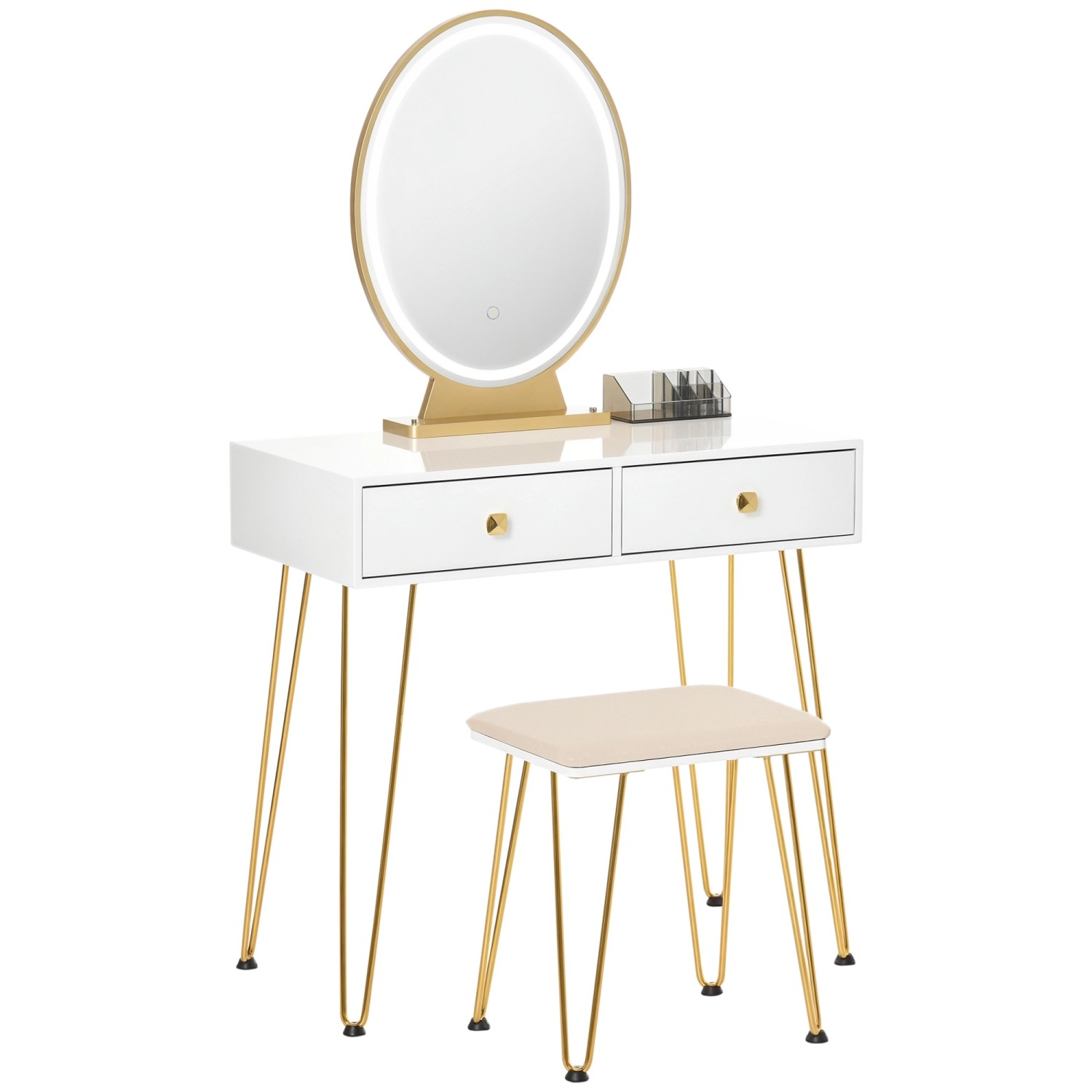 HOMCOM Schminktisch-Set MDF Glas Stahl Schaumstoff 80B x 40T x 136H cm Weiß Gold