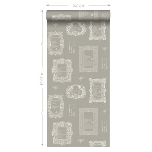 ESTAhome Vliestapete Rezepte Taupe, 53cm breit, mit Rezept-Motiven im Landhausstil.