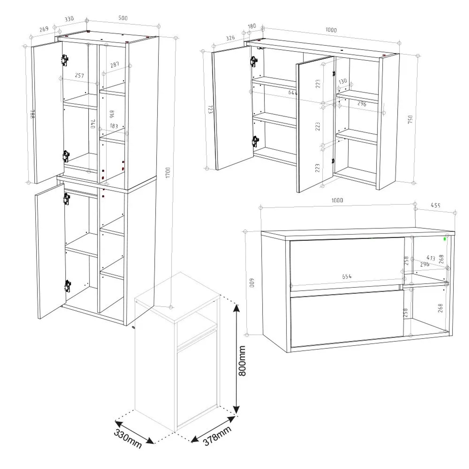 Skizze: Vicco Badmöbel-Set Viola, 4-teilig, Anthrazit/Eiche, mit Maßen von Spiegelschrank, Waschbeckenunterschrank, etc.