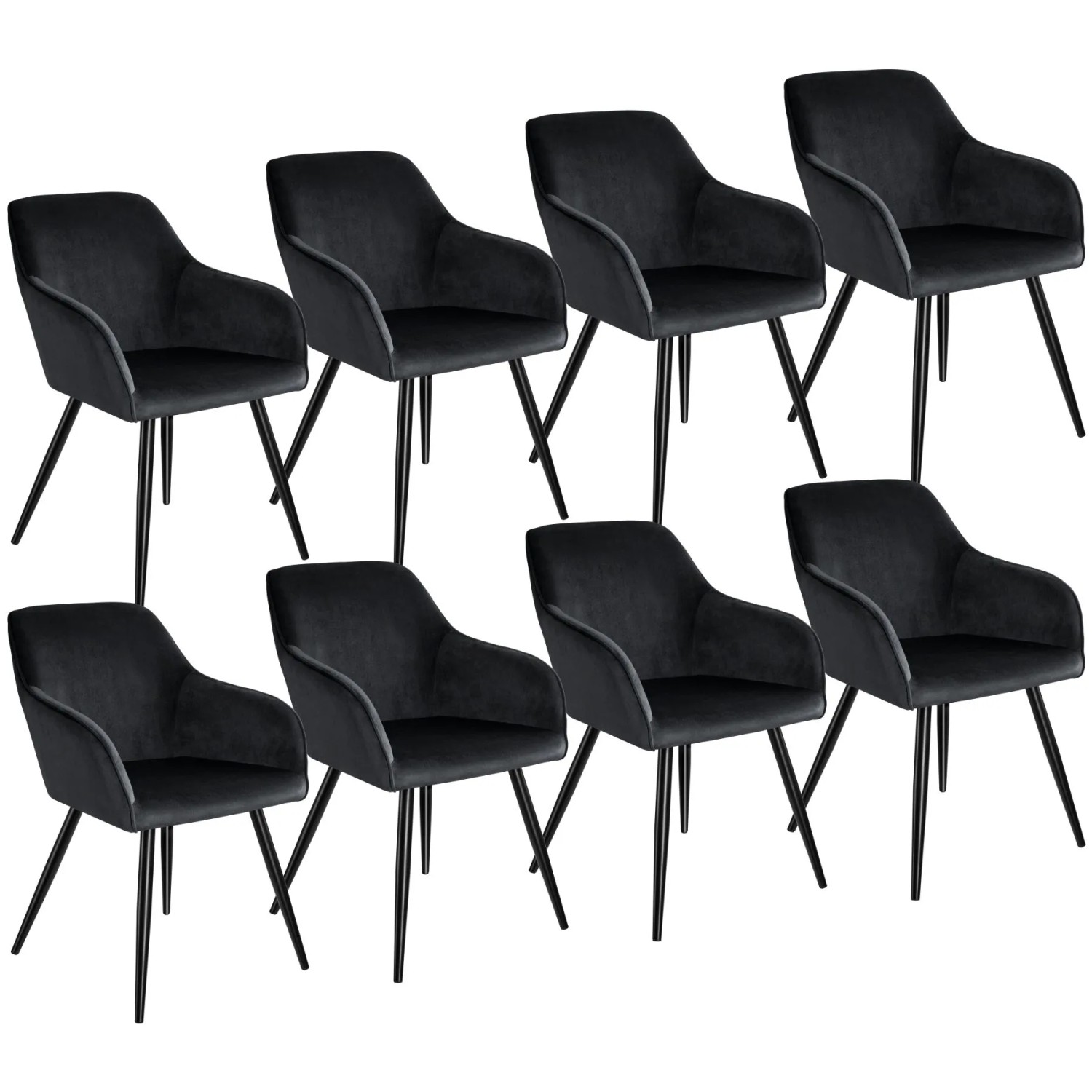 Tectake Esszimmerstuhl Marilyn Gepolstert  In Samtoptik Durchgehende Lehne 8Er Set 62 x 58 x 82 cm Schwarz
