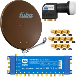 Fuba SAT Anlage mit brauner 80cm Satellitenschüssel, Quattro LNB, blauem Multischalter und F-Steckern für 4K UHD Empfang.
