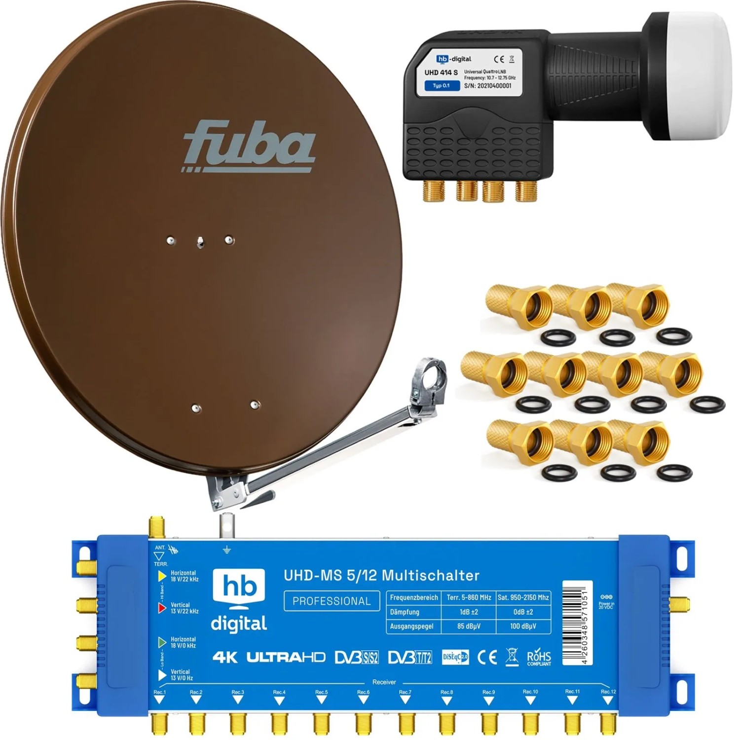 hb-digital SAT Anlage Fuba DAL 800 80cm mit Multischalter MS 5/12 und Quattro LNB Braun