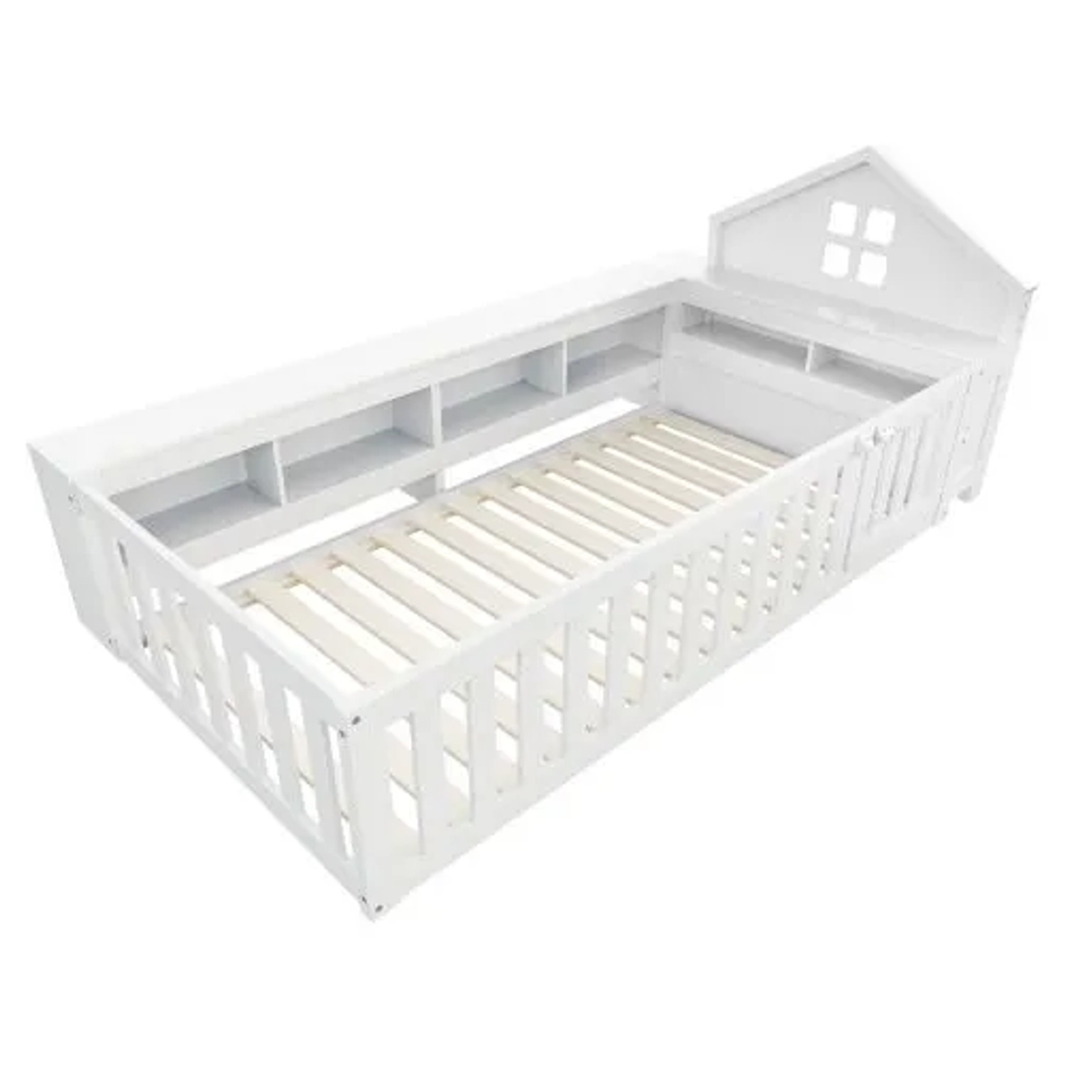 KOMHTOM Kinderbett 90 x 200 Cm  Massivholzbett Mit Dachreling Und Fenster  Staufach  Lattenrost  Einzelbett  Weiß