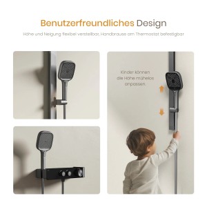 Emke Duschset mit Thermostat, anthrazit matt, mit Handbrause und Thermostatarmatur.