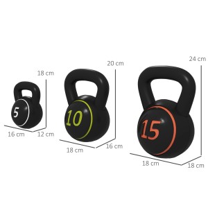 SPORTNOW Kettlebell Set, drei schwarze Kunststoff-Kugelhanteln mit farbigen Gewichtsangaben (5, 10, 15 kg).