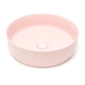Runde rosa matte Waschschale Ø 39 cm mit Click Clack Ablaufgarnitur. Modernes Aufsatzwaschbecken für Bad.