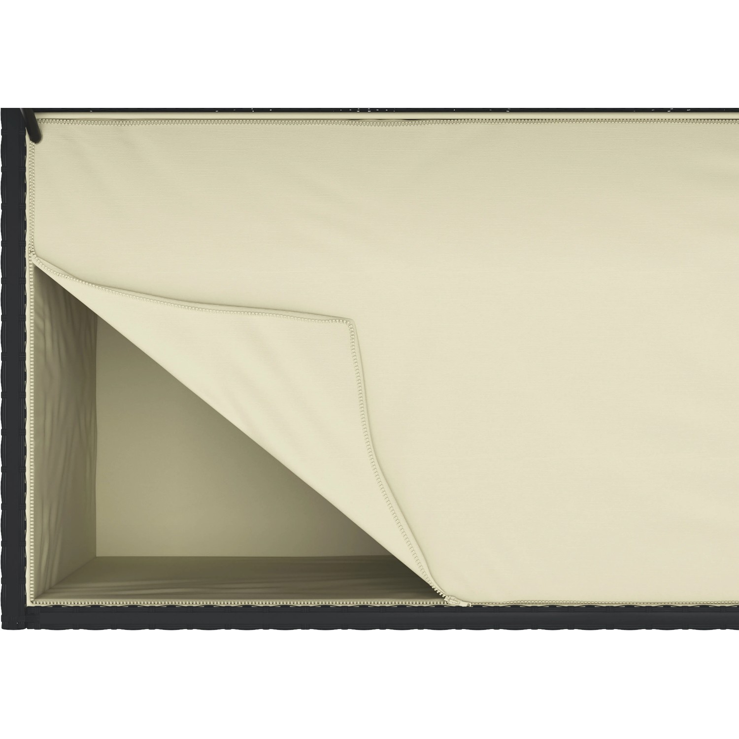 Geöffnete Auflagenbox Buntine 1.100 l mit beiger Innentasche. Ideal zur Aufbewahrung von Gartenauflagen.