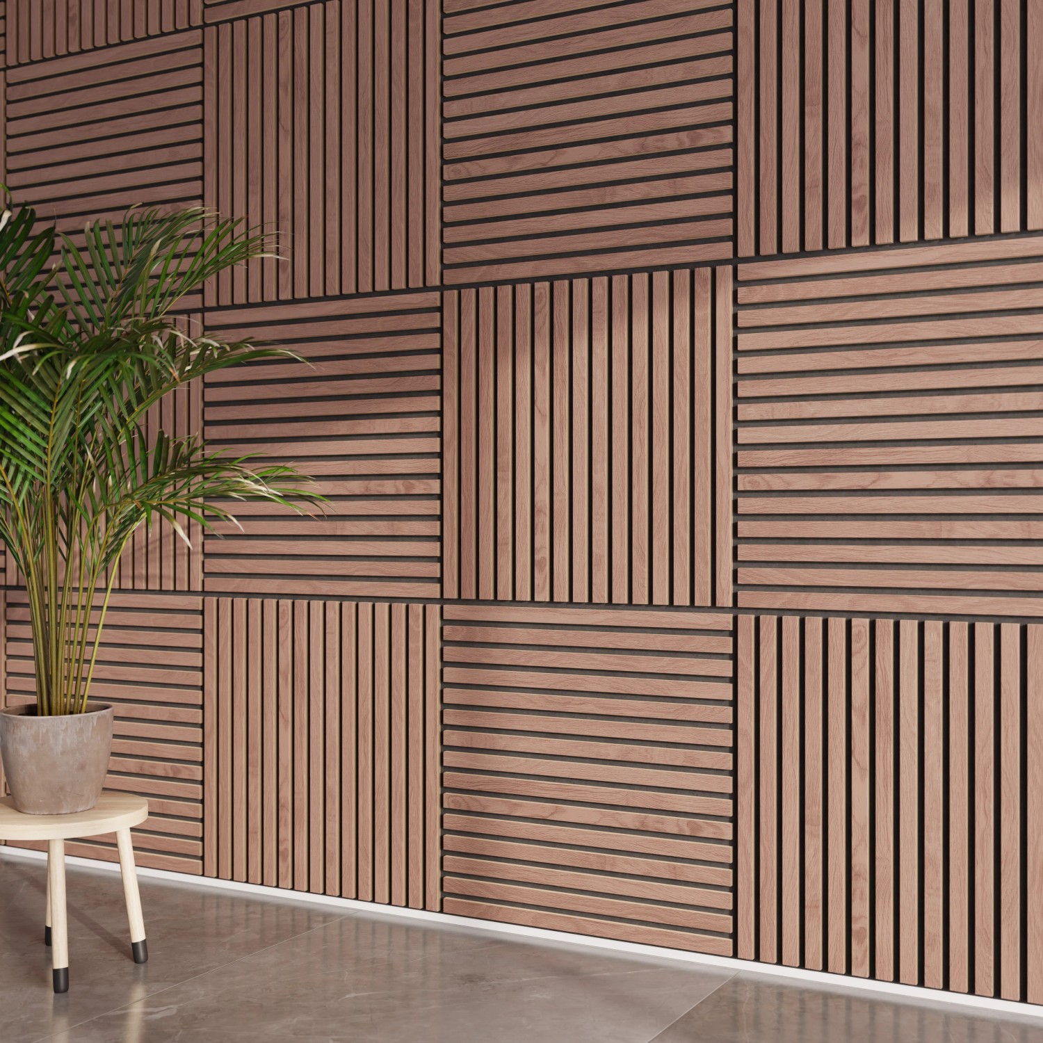 Wand mit Akustikpaneelen in Walnuss-Optik, MDF mit schwarzem Akustikfilz, 60 cm, 2er-Set.