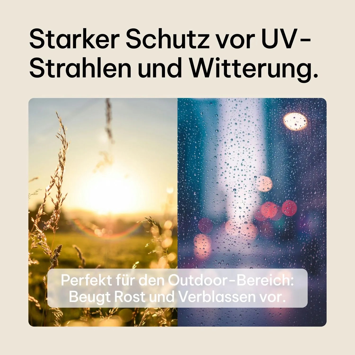 Geteiltes Bild: Sonnenschein über Feld und Regentropfen auf Scheibe. Zeigt UV- und Wetterschutz des Klarlacks für Outdoor.