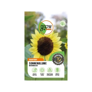 Packung GROW by OBI Sonnenblumen Moonwalker mit hellgelber Blüte und dunkler Mitte.