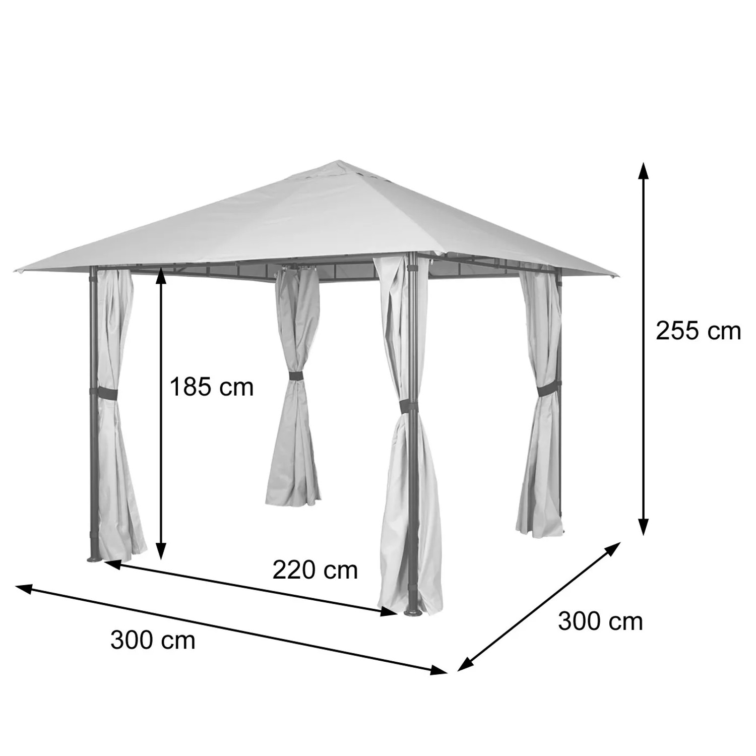 Anthrazitfarbene MCW Pergola J63 Terrassenüberdachung mit Maßen und Seitenwänden.