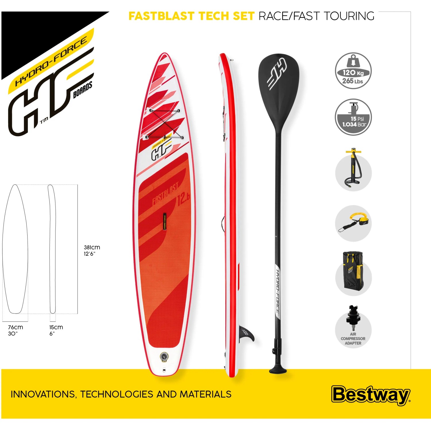 Bestway Hydro-Force SUP Fast Touring Board-Set mit Paddel, Pumpe und Rucksack.
