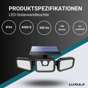 LUXULA LED Solar Wandleuchte mit 3 Köpfen, Bewegungsmelder, neutralweißes Licht. Ideal für Aussenbereiche.