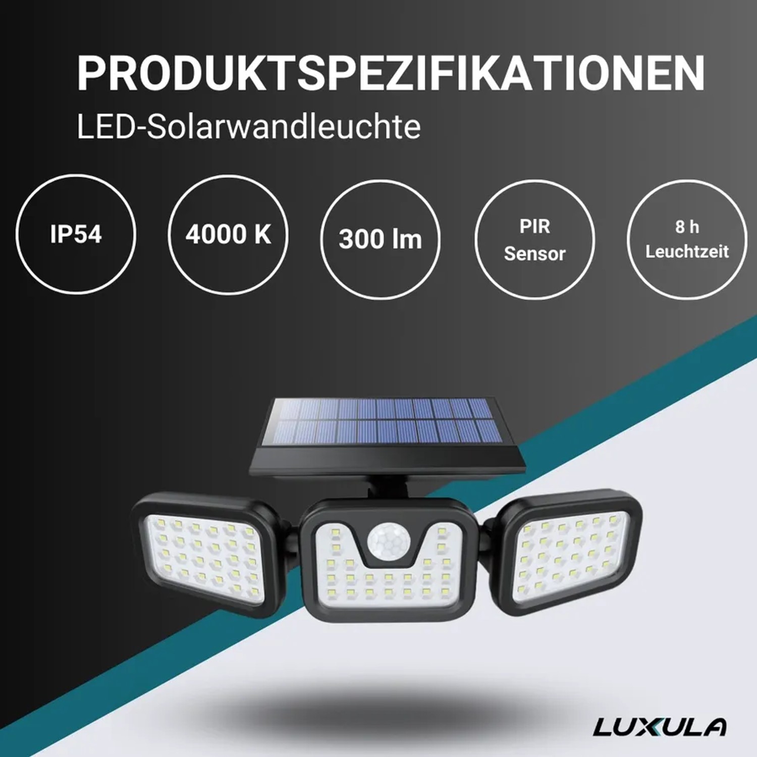 LUXULA LED Solar Wandleuchte mit 3 Köpfen, Bewegungsmelder, neutralweißes Licht. Ideal für Aussenbereiche.