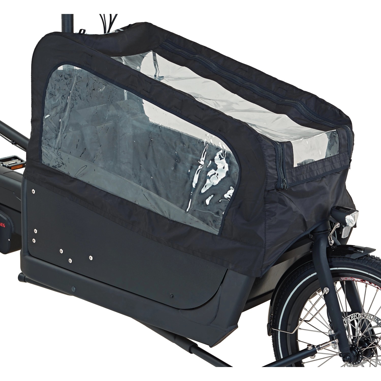 Schwarzes Prophete E-Bike Cargo Plus mit Wetterschutzhaube und transparenten Fenstern.