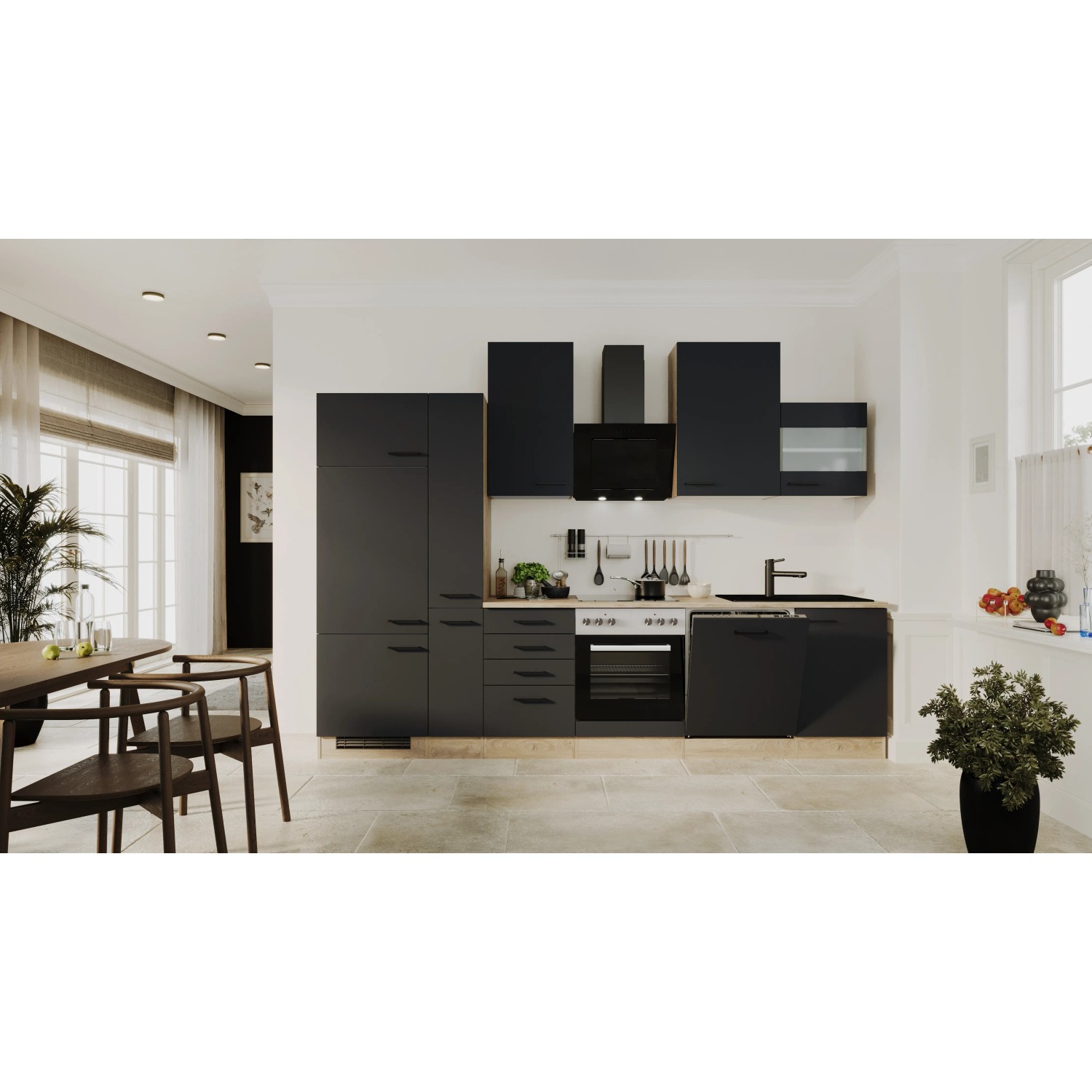 Flex-Well Exclusiv Küchenzeile Capri, 310 cm, Schwarz Matt/Endgrain Oak, mit E-Geräten und Spüle.