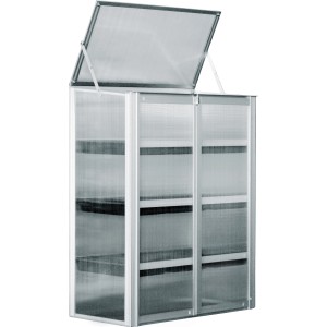 Balkon Anzuchthaus mit 3 Etagen, Aluminiumrahmen, Polycarbonatplatten und geöffnetem Dach.