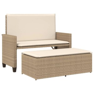 Beige furnicato Gartenbank mit Kissen und Hocker aus Polyrattan.