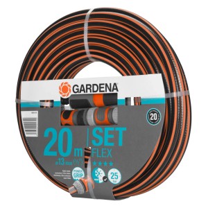 Gardena Comfort Flex Gartenschlauch 1/2 Zoll, 20 m, mit Systemteilen und Spritze im Set.