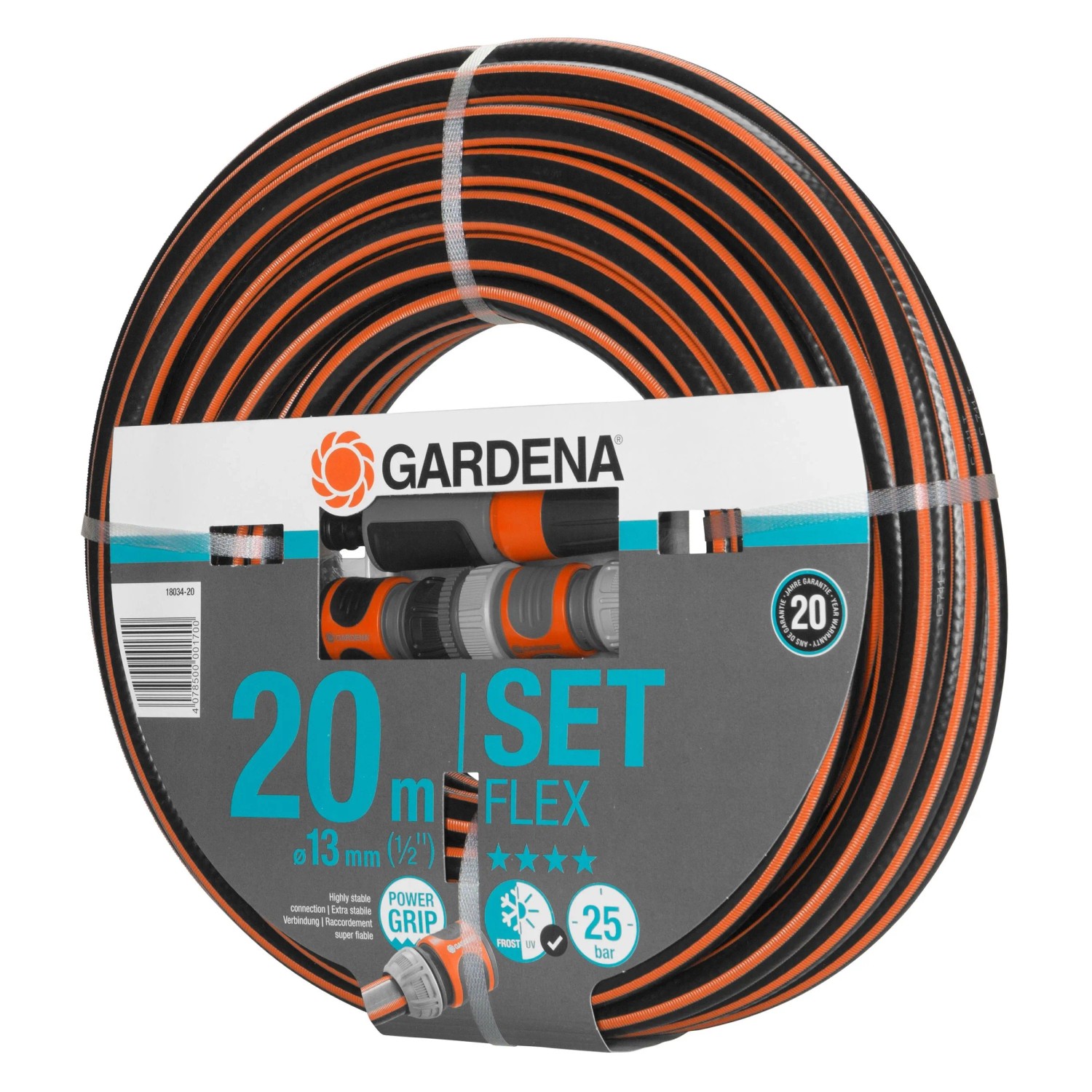 Gardena Comfort Flex Gartenschlauch 1/2 Zoll, 20 m, mit Systemteilen und Spritze im Set.
