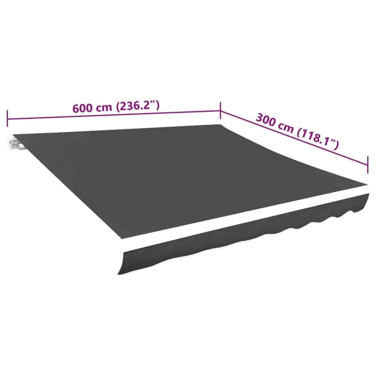 Anthrazitfarbene DELUKE Markisenbespannung 600x300cm mit Volant, wasserabweisend und reißfest.
