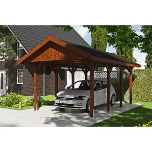 Satteldach-Carport Wallgau in Nussbaum mit schwarzen Dachschindeln und Auto.